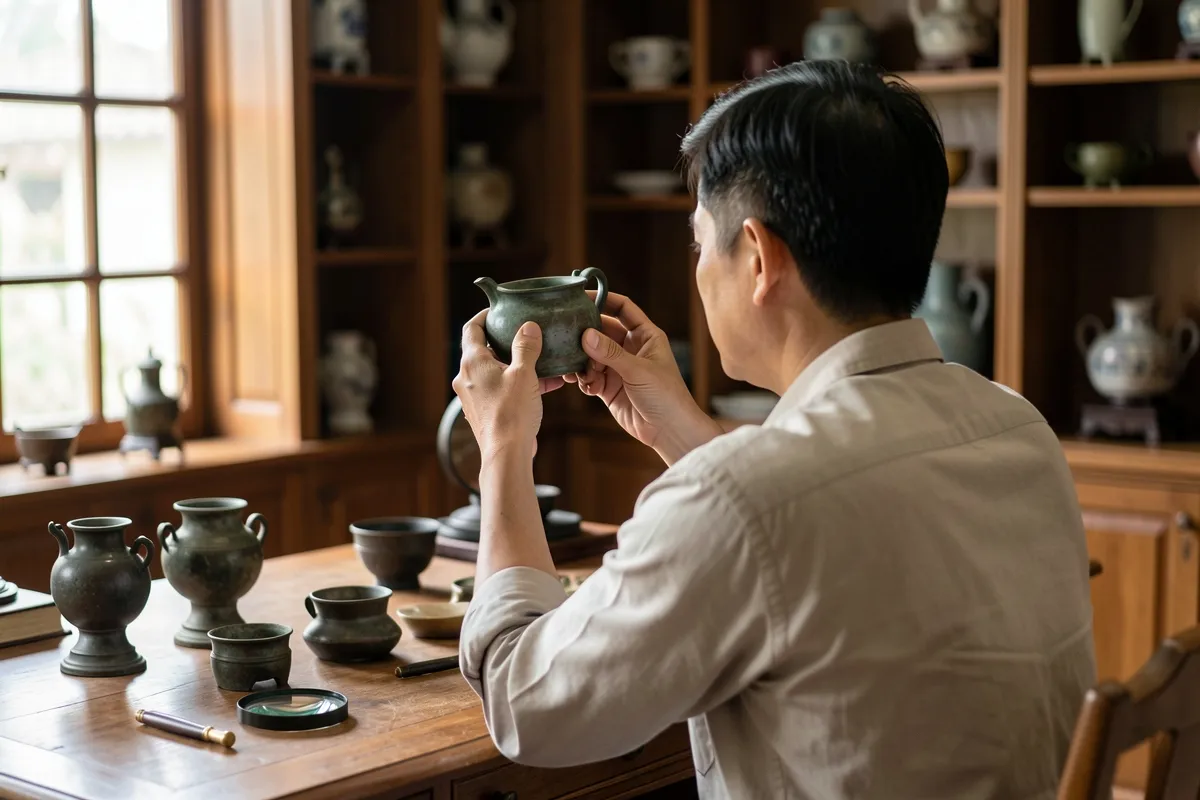 Một người đàn ông ngồi quay lưng tại bàn gỗ, hai tay nâng bình đồng nhỏ lên gần cửa sổ, trên bàn có vài món đồng