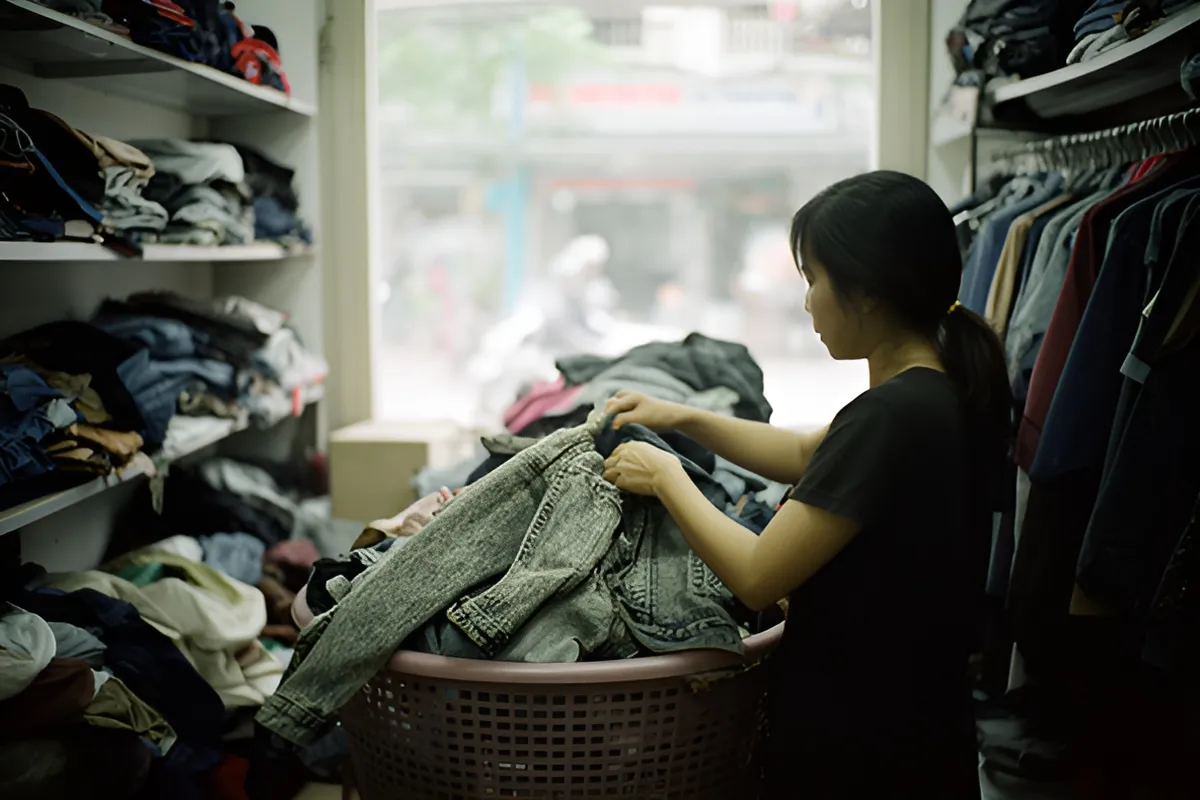 Một phụ nữ tóc đuôi gà đứng trong tiệm quần áo, đang lôi chiếc áo khoác denim từ rổ nhựa đầy quần áo