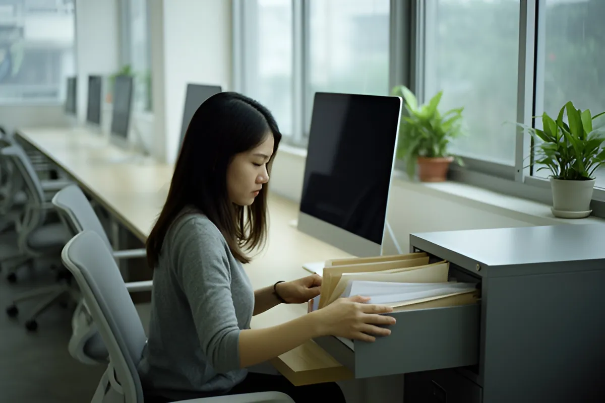 Một phụ nữ trẻ ngồi bên bàn làm việc, tay sắp xếp các cặp hồ sơ vào ngăn kéo, phía sau là dãy bàn ghế trống và cửa sổ sáng