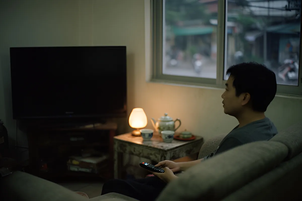Một người đàn ông ngồi trên sofa cầm điều khiển, bàn bên cạnh có ấm trà và hai tách, đèn bàn sáng, cửa sổ nhìn ra phố