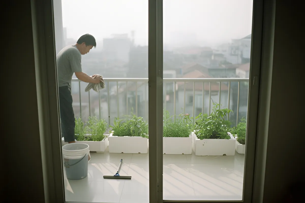 Một người đàn ông đứng lau lan can ban công, bên cạnh có xô nước và cây lau kính, chậu xốp trồng rau xanh
