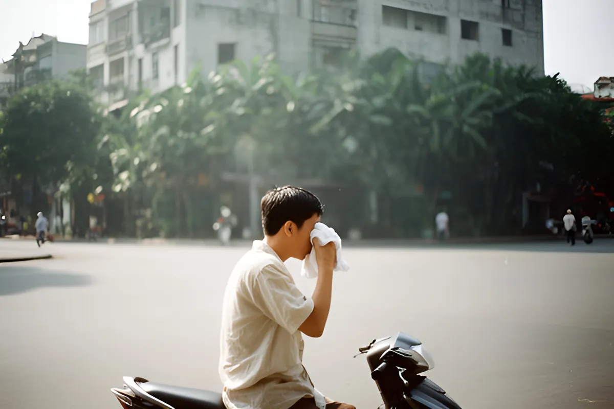 Một người đàn ông áo ngắn tay ngồi trên xe máy ven đường, dùng khăn trắng lau mặt