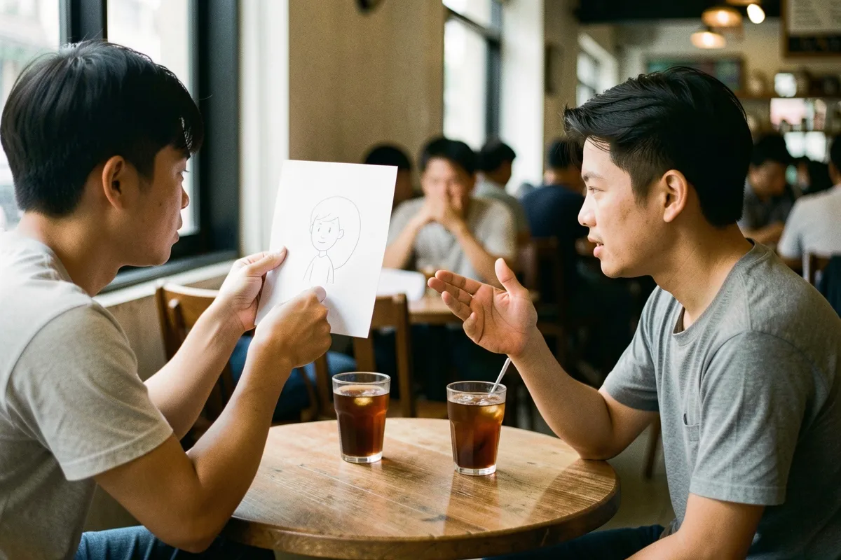 Hai thanh niên ngồi đối diện ở quán cà phê chiều muộn, một người giơ tờ giấy vẽ hình nguệch ngoạc, người kia đưa tay đoán