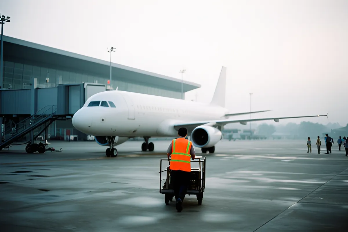 Một công nhân mặc áo phản quang cam đẩy xe thiết bị tiến về phía máy bay thân trắng đậu trên sân bay, sáng sớm mờ sương
