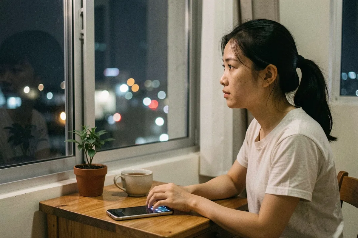 Một phụ nữ ngồi bên bàn gỗ cạnh cửa sổ ban đêm, tay chạm điện thoại, có cốc trà và chậu cây, đèn thành phố mờ ngoài cửa