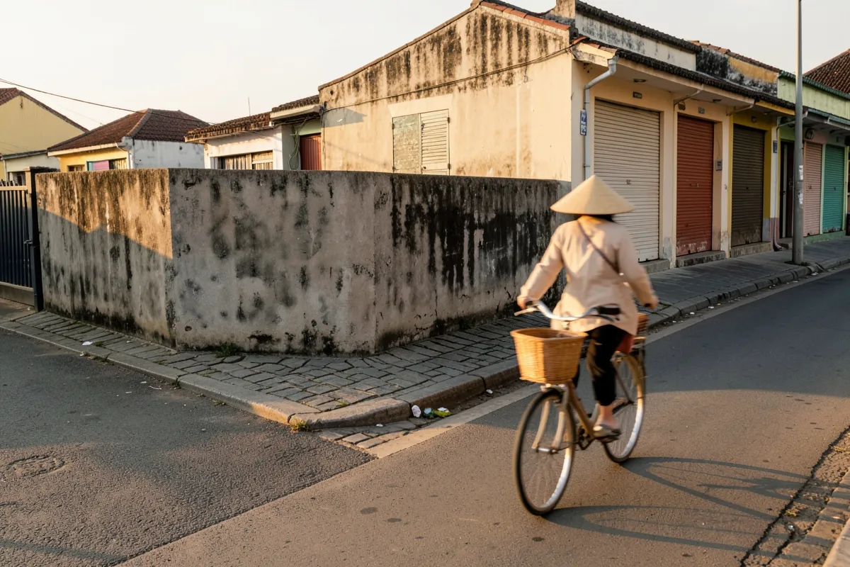 Một phụ nữ đội nón lá đạp xe trên phố vắng, bên là bức tường bê tông cũ và dãy nhà cửa cuốn, nắng chiều ấm