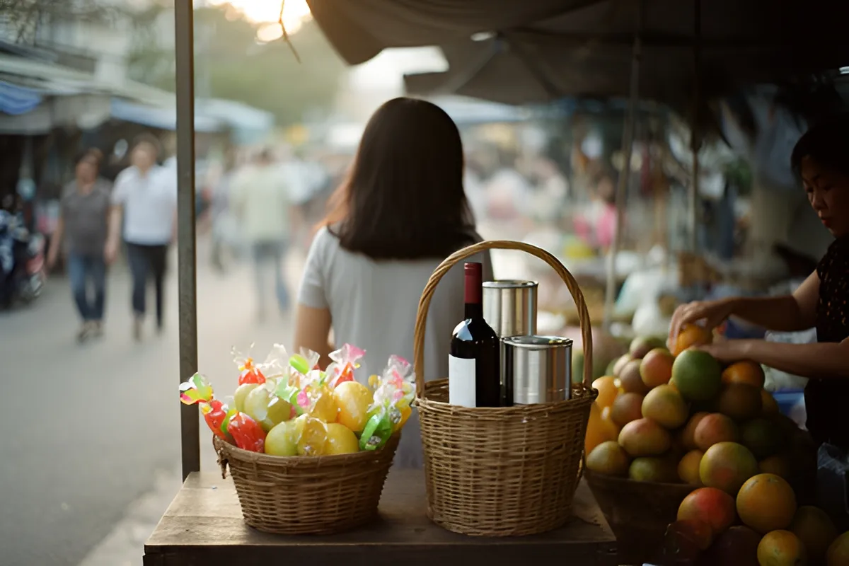 Một phụ nữ đứng quay lưng trước quầy hàng với hai giỏ quà, người bán hàng bên phải đang xếp trái cây, ánh sáng chiều