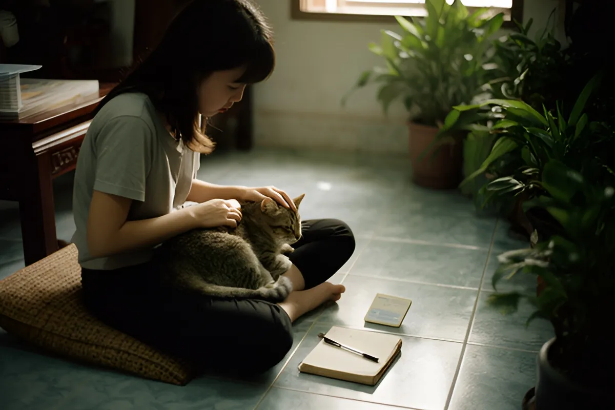 Một cô gái ngồi khoanh chân trên đệm trong phòng khách, vuốt ve chú mèo nằm trên đùi, bên cạnh có sổ tay