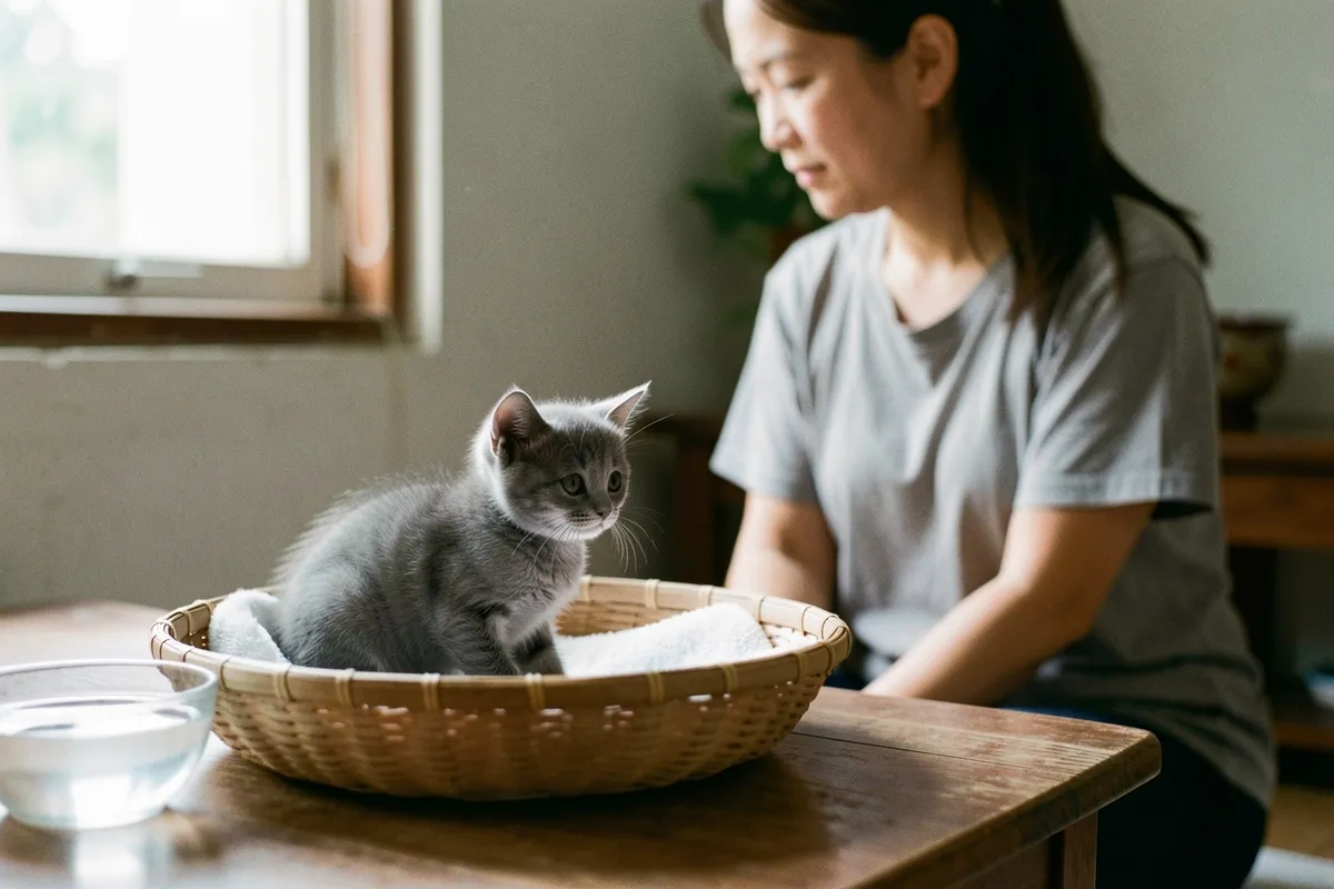 Một phụ nữ ngồi cạnh bàn gỗ, nhìn chú mèo xám nhỏ đang ngồi trong chiếc giỏ tre có lót khăn, bên cạnh là bát nước