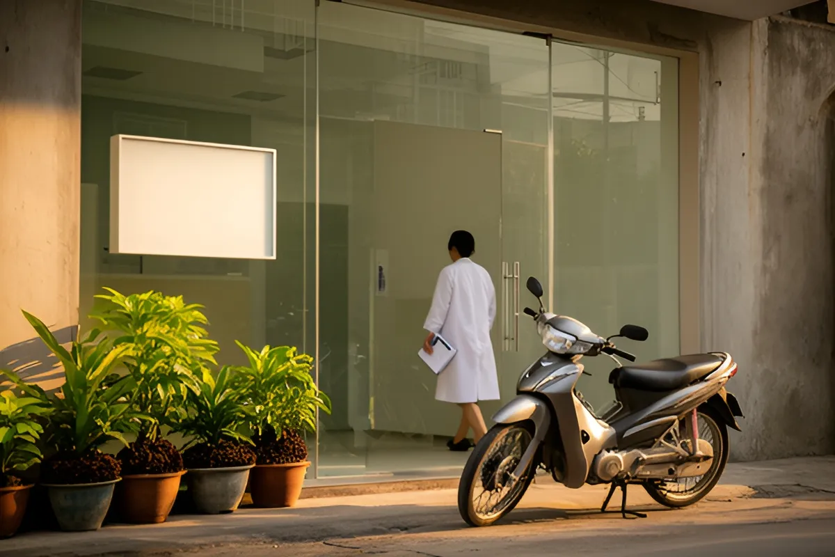 Một người mặc áo choàng trắng cầm tập tài liệu bước qua cửa kính, xe máy đậu trước mặt tiền, chậu cây bên cạnh