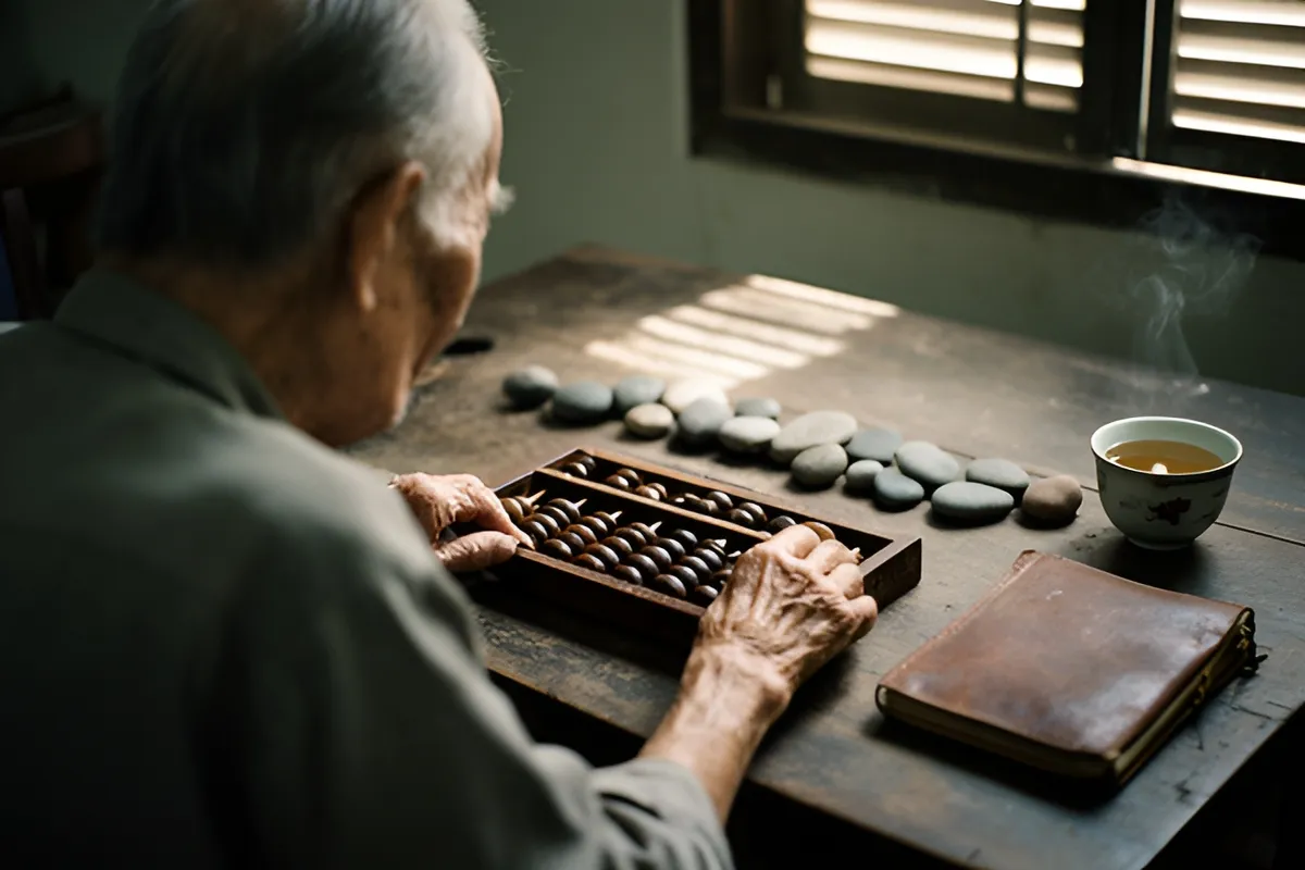 Một ông già tóc bạc ngồi quay lưng bên bàn gỗ, hai tay đặt trên bàn tính, cạnh đó có sỏi, tập ghi chép và tách trà