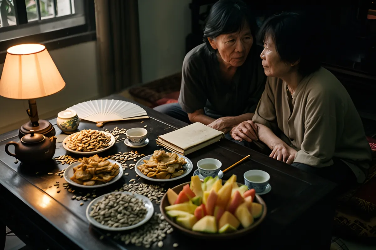 Hai người phụ nữ lớn tuổi ngồi cạnh bàn gỗ thấp trong phòng khách, trò chuyện bên đĩa hạt, trà, trái cây và một cuốn sổ