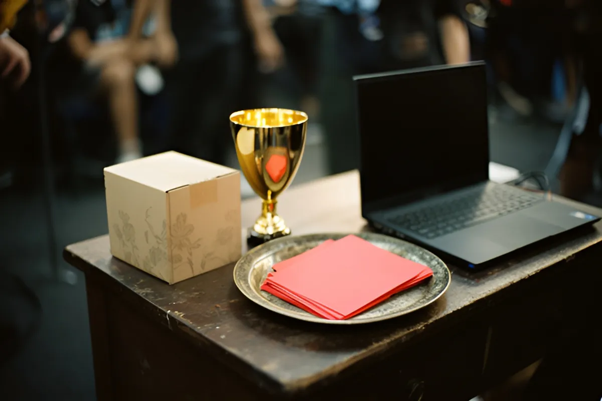 Bàn gỗ đặt cúp vàng, hộp giấy hoa, phong bì đỏ trên khay và laptop tắt, phía sau vài người ngồi mờ nhòe trong ánh sáng ấm