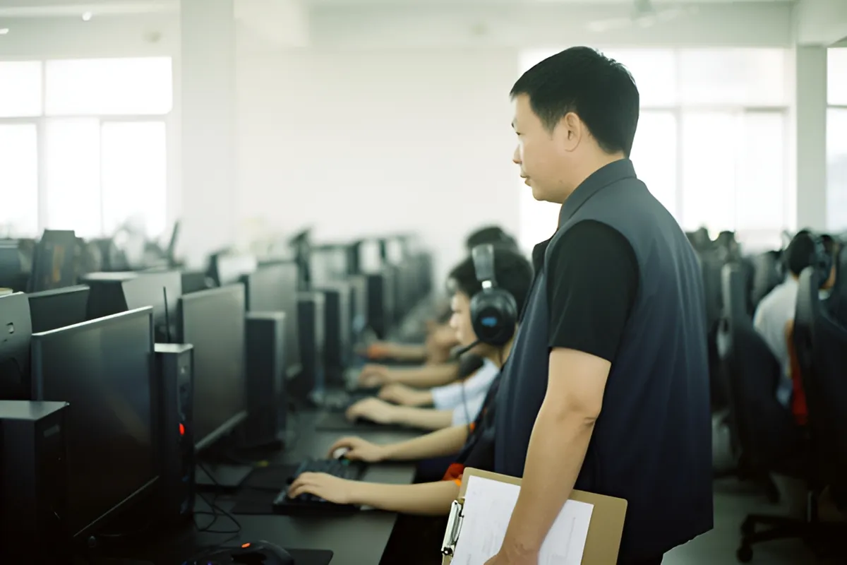 Một người đàn ông mặc vest tối màu đứng cạnh hàng bàn máy tính, tay cầm bảng kẹp giấy, phía sau vài người ngồi đeo tai nghe