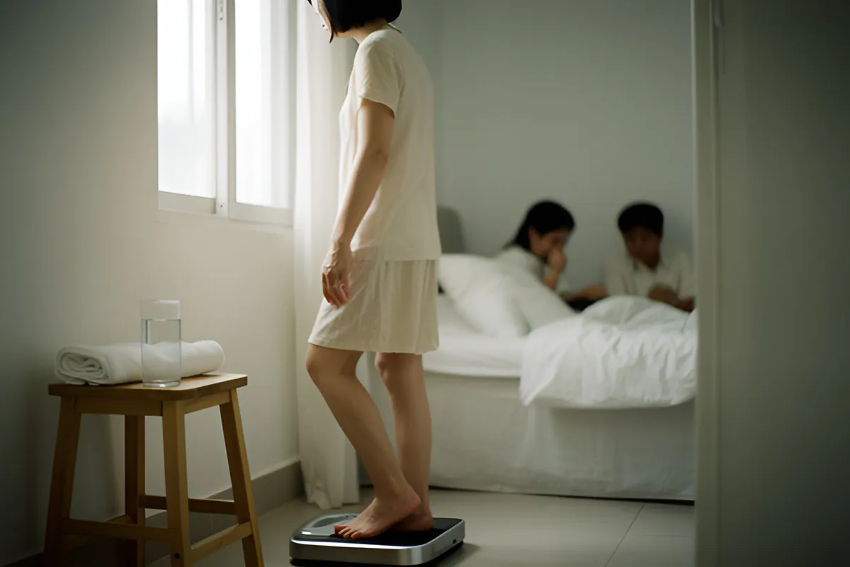 Một phụ nữ tóc ngắn đứng một chân trên chiếc cân trong phòng ngủ sáng sớm, hai người nằm trên giường phía sau