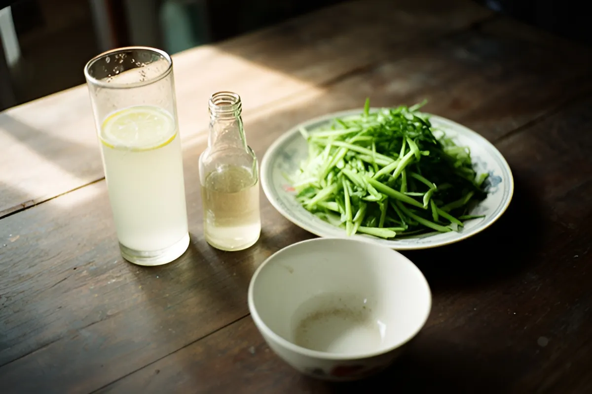Trên bàn gỗ có ly nước chanh, chai nhỏ đựng chất lỏng trong, đĩa rau xanh và một bát trống, ánh sáng ban ngày rọi vào