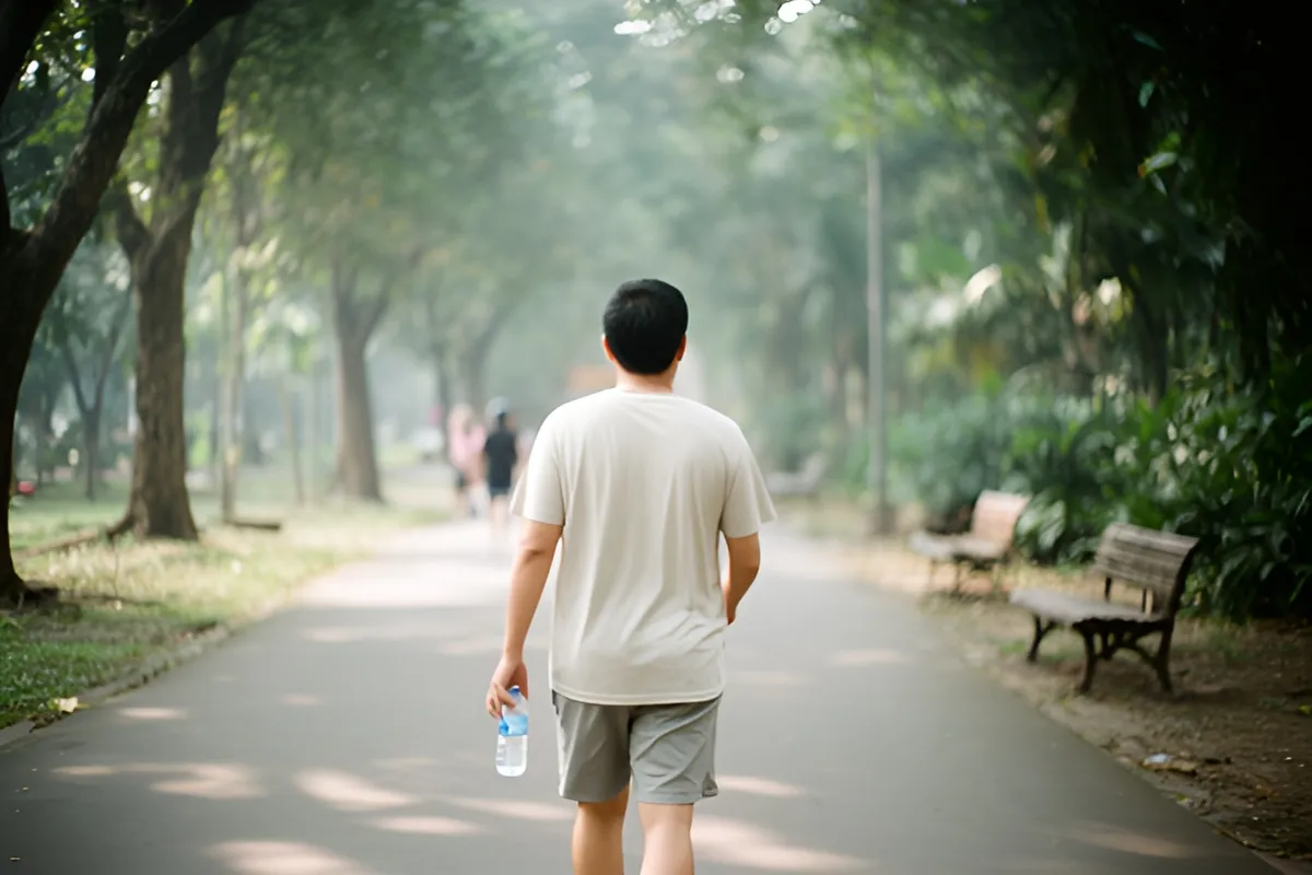 Một người đàn ông mặc áo phông và quần short đi bộ trên lối đi trong công cụm cây xanh, tay cầm chai nước, ghế đá hai bên