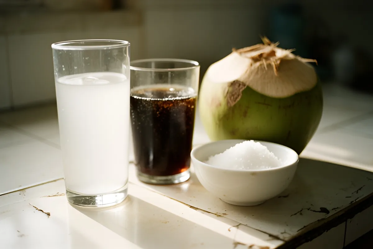Trên mặt bếp gạch sáng chiều có hai ly nước, một ly trong và một ly nước sẫm màu có bọt
