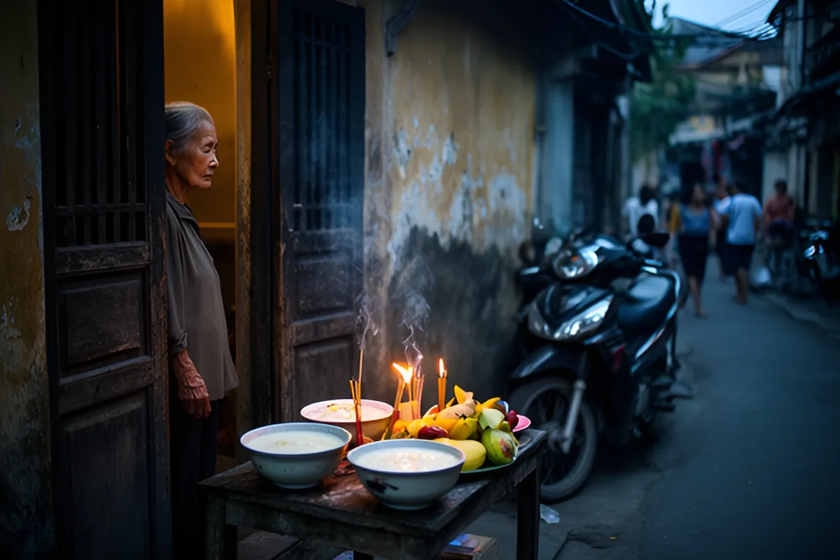 Một bà lão đứng bên cửa gỗ nhìn ra con hẻm, trước cửa có bàn nhỏ đặt bát cháo, trái cây, nến và nhang đang khói