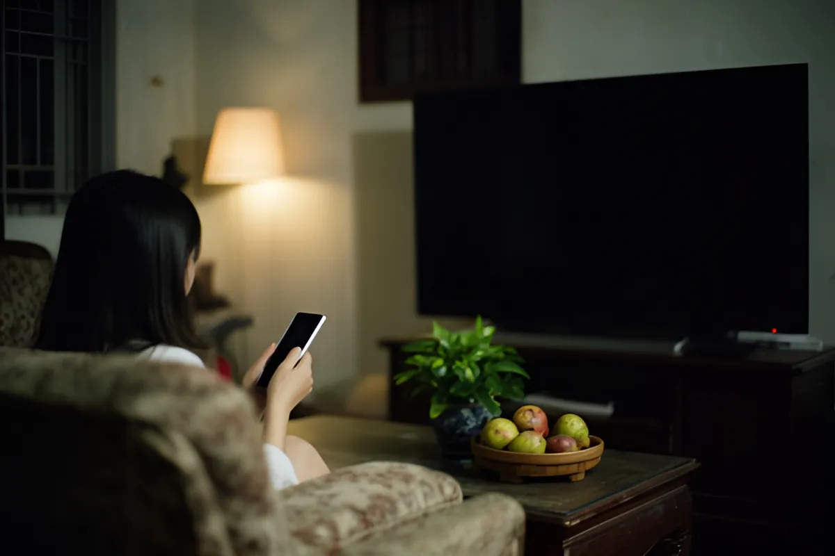 Một cô gái ngồi quay lưng trên sofa trong phòng khách tối, tay cầm điện thoại, đối diện chiếc tivi tắt
