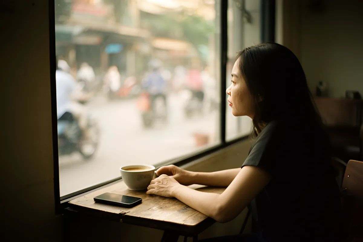 Một người phụ nữ tóc đen ngồi một mình bên bàn gỗ nhỏ cạnh cửa sổ, tay đặt gần tách cà phê
