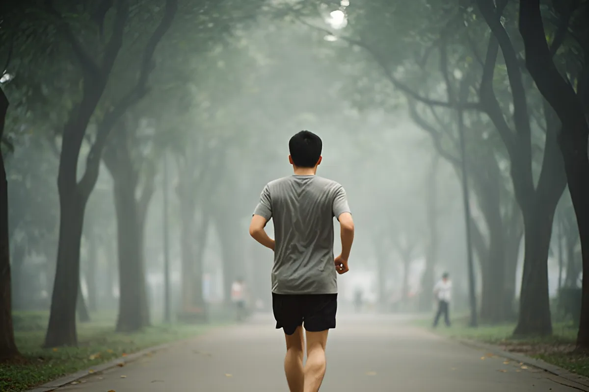 Một người đàn ông mặc áo thun xám và quần đen đang chạy bộ trên con đường rợp bóng cây, sương mù bao phủ