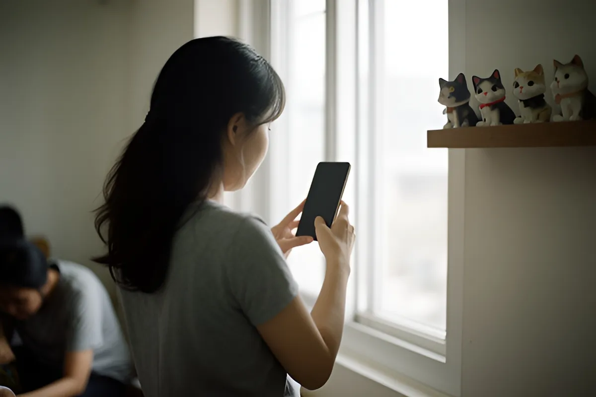 Một phụ nữ tóc đen đứng quay lưng cạnh cửa sổ sáng, hai tay cầm chiếc điện thoại màn hình tắt