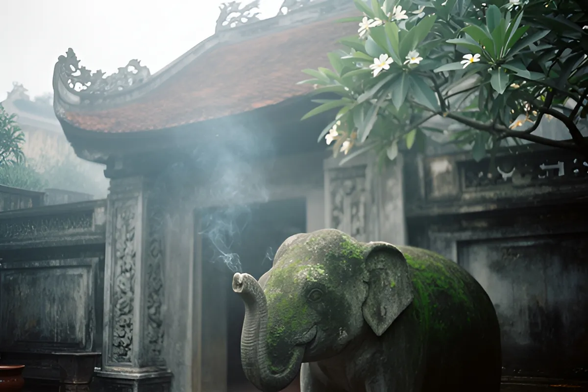 Sân chùa cổ sương mù buổi sớm với tượng voi đá phủ rêu, vòi hơi ngẩng, mái ngói và cây hoa trắng phía trên, khói nhẹ bay