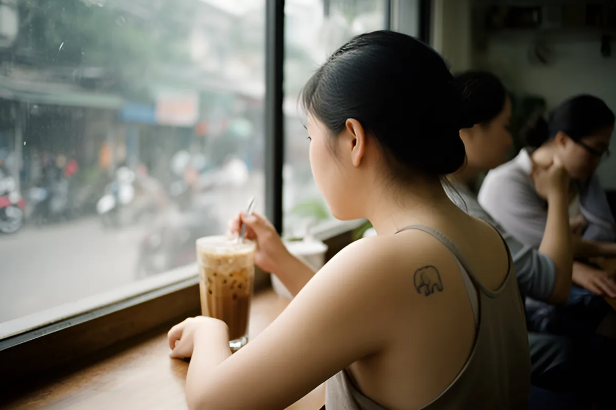 Ba người phụ nữ ngồi trong quán, người phía trước quay lưng khuấy ly cà phê đá bên cửa sổ, ánh sáng chiều dịu