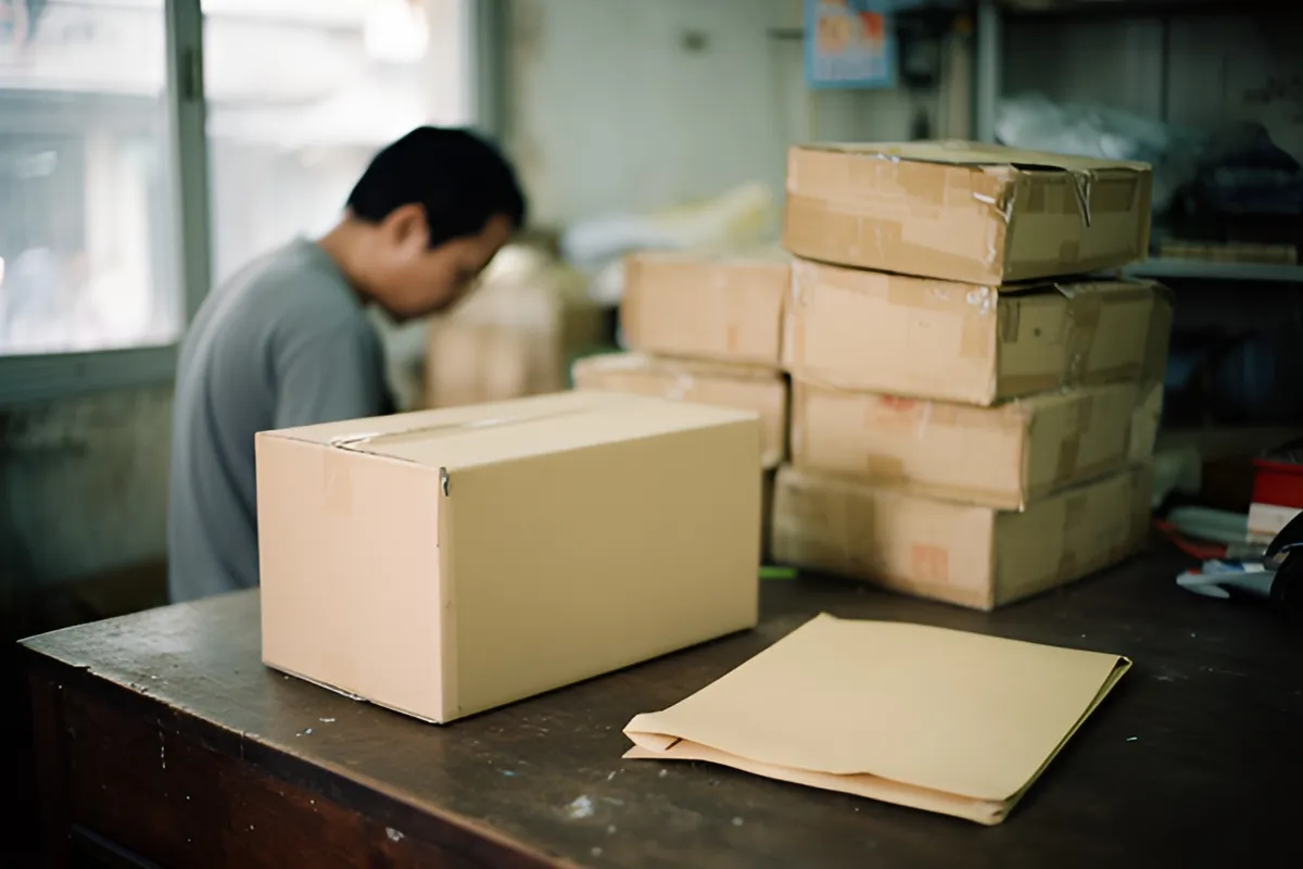 Một người đàn ông ngồi cúi đầu bên quầy gỗ, trước mặt là thùng các-tông và tập giấy