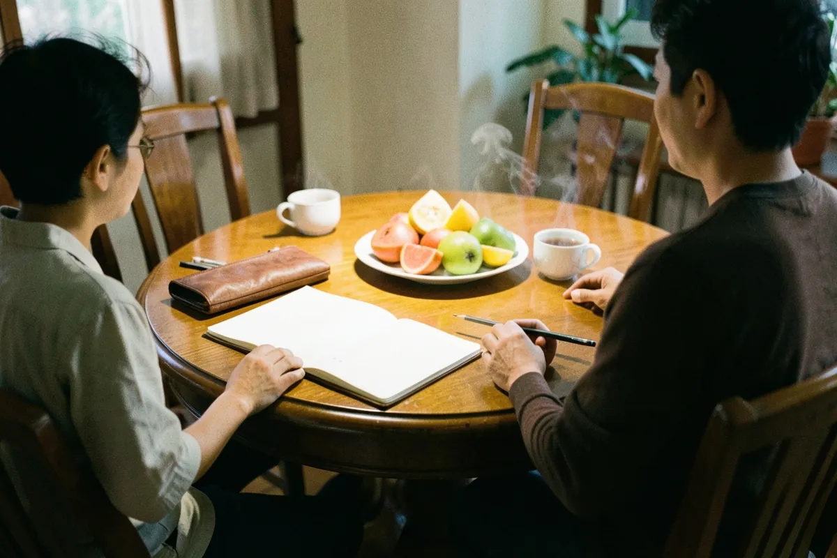 Hai người ngồi đối diện bên bàn tròn gỗ, một người cầm bút chút trên vở mở, trên bàn có túi da