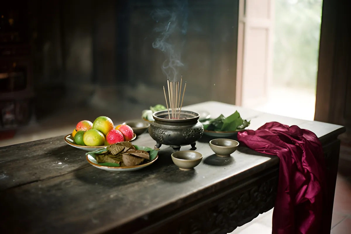 Bàn thờ gỗ trong một ngôi đền tối, đặt bát hương đồng đang khói, đĩa trái cây, lá trầu, chén nhỏ và tấm vải đỏ