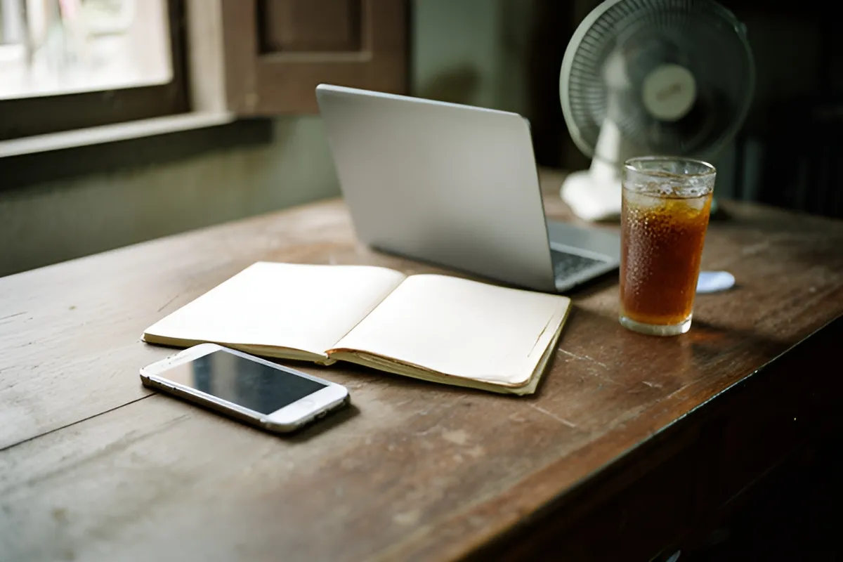 Bàn gỗ cũ đặt laptop mở, sổ tay, điện thoại úp màn hình, ly trà đá và quạt nhỏ, ánh sáng cửa sổ dịu