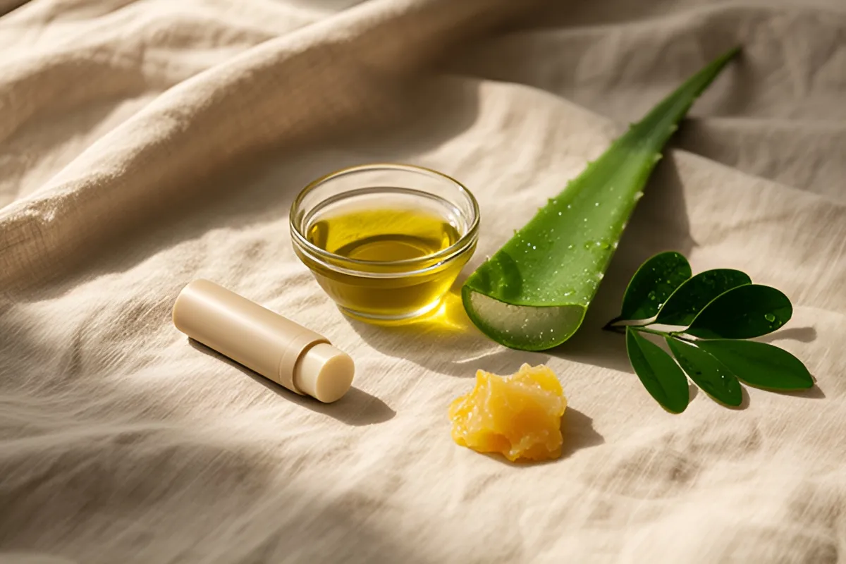 Trên vải lanh màu be có ống son dưỡng không nhãn, chén thủy tinh đựng dầu vàng, lá lô hội, cục sáp và nhánh lá xanh