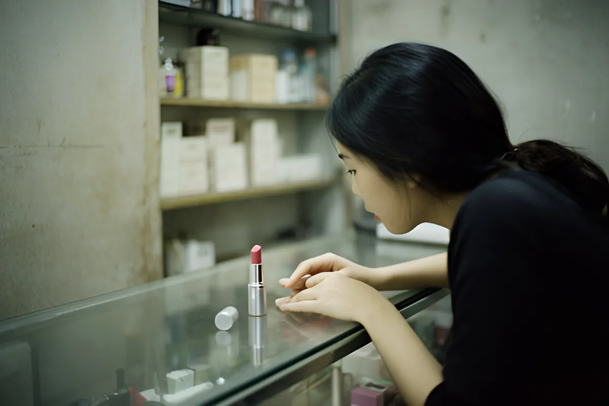 Một phụ nữ trẻ tóc đen cúi sát quầy kính, tay đặt trên mặt quầy, đang nhìn kỹ một thỏi son mở nắp, nắp son nằm cạnh trên quầy