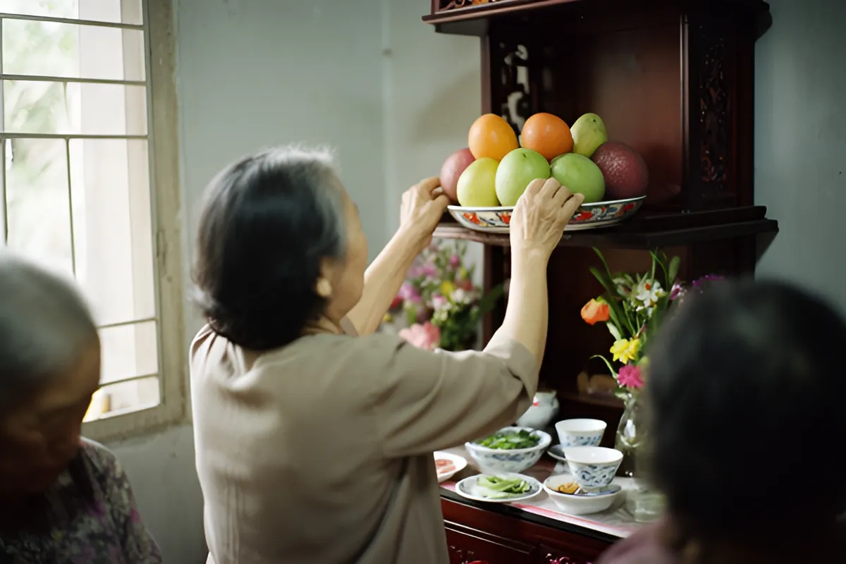 Một phụ nữ lớn tuổi quay lưng lại, hai tay đặt khay trái cây lên kệ cao của bàn thờ gỗ, bên dưới có chén trà, đĩa rau và hoa