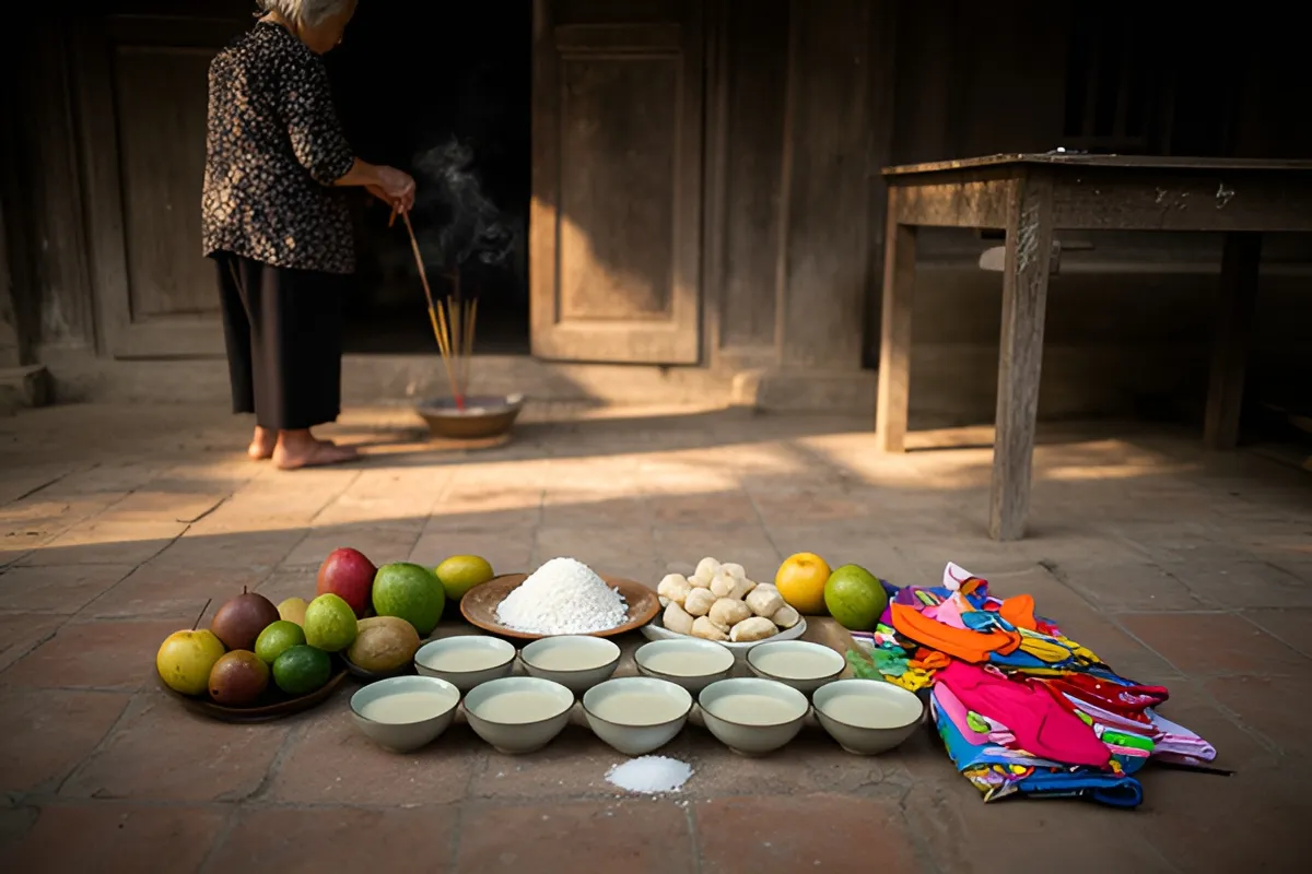 Một bà cụ tóc bạc đứng quay lưng cầm nén nhang đang bốc khói trước cửa nhà gỗ, trên nền gạch bày mâm lễ với chén cháo
