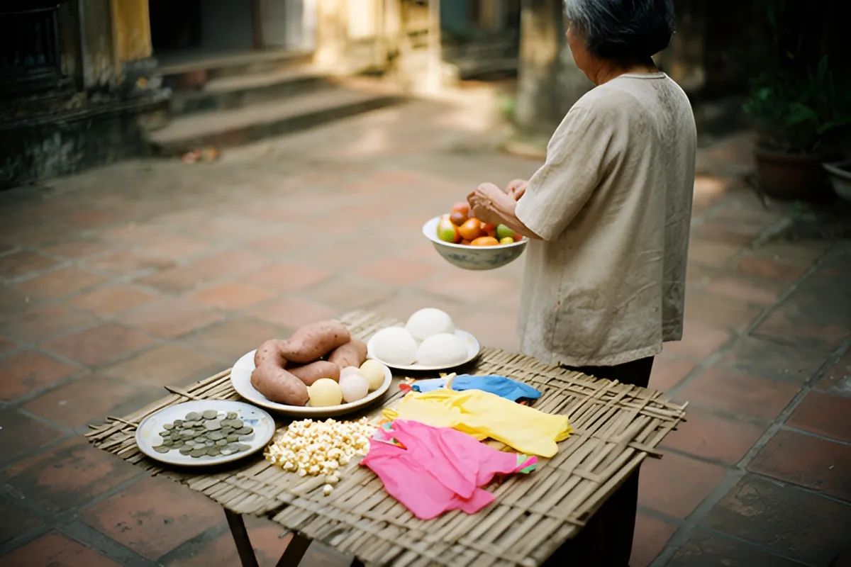 Một bà cụ tóc bạc đứng quay lưng trong sân gạch, tay bưng bát trái cây, trước bà là chiếu tre với khoai, bánh, bỏng ngô