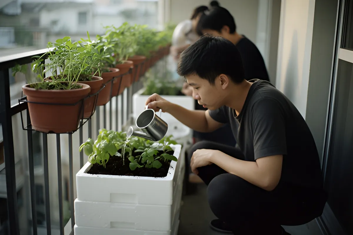 Một thanh niên ngồi xổm trên ban công tưới nước cho khay cây con bằng bình kim loại, sau lưng có hai người khác