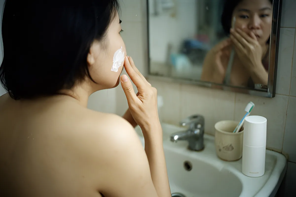 Một người phụ nữ đứng quay lưng trước bồn rửa mặt trong phòng tắm, bôi kem lên má và nhìn vào gương