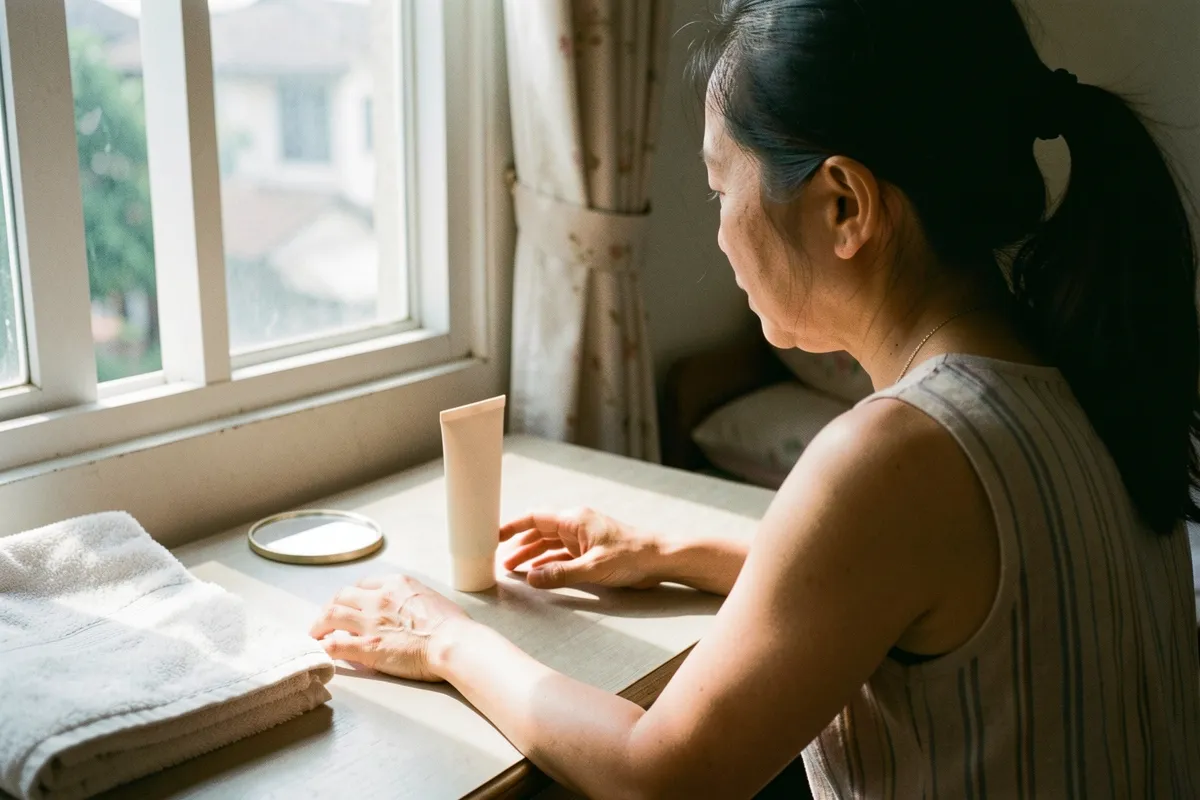 Một người phụ nữ ngồi quay lưng bên bàn cạnh cửa sổ sáng, tay với tới ống kem và gương nhỏ đặt trên mặt bàn