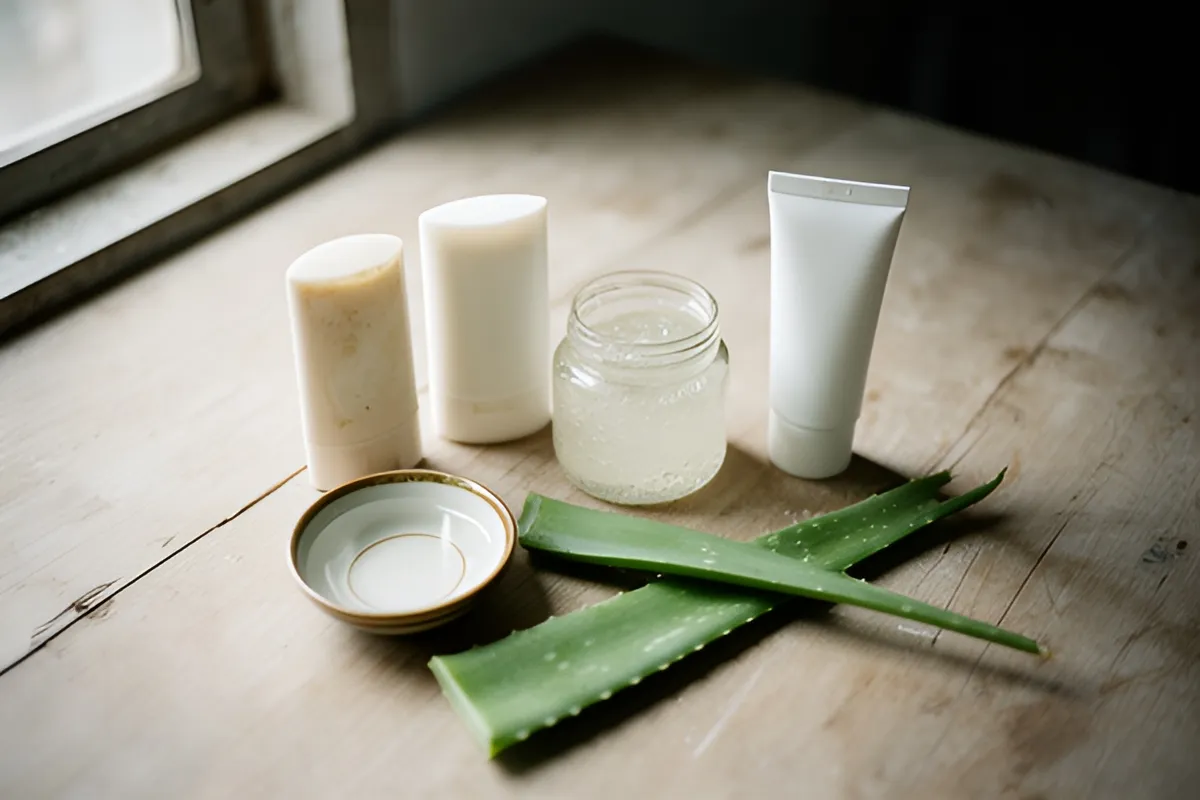 Ba lọ kem và một hũ gel trong suốt trên bàn gỗ cạnh cửa sổ, kèm đĩa nước và lá lô hội xanh, ánh sáng chiếu xiên