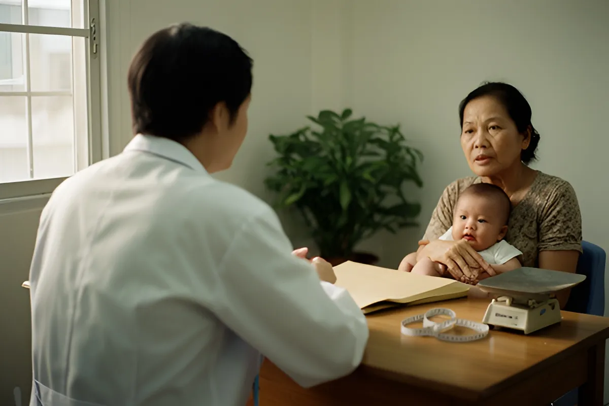 Người mặc áo trắng ngồi quay lưng tại bàn, đối diện phụ nữ bế em bé nhìn về phía trước, có cây xanh và ánh sáng cửa sổ