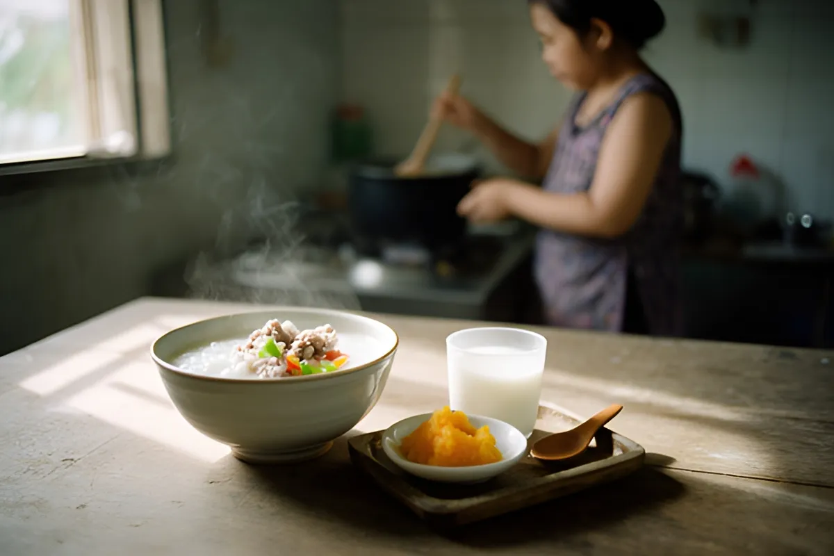 Một người phụ nữ đứng bên bếp khuấy nồi, phía trước là bát cháo thịt, đĩa bí, cốc sữa và thìa gỗ trên bàn gỗ sáng cửa sổ