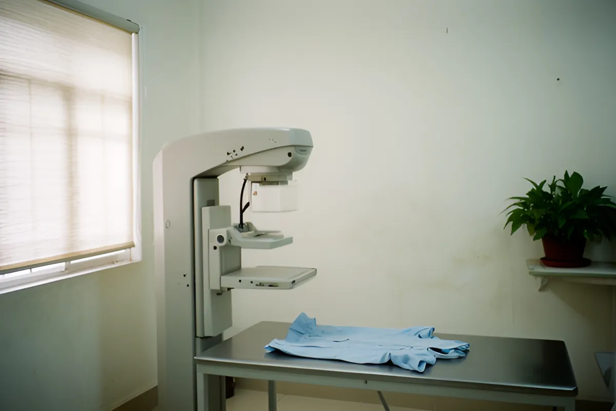 Một phòng khám yên tĩnh với máy chụp nhũ ảnh lớn, bàn kim loại có áo choàng xanh, cây xanh trên kệ
