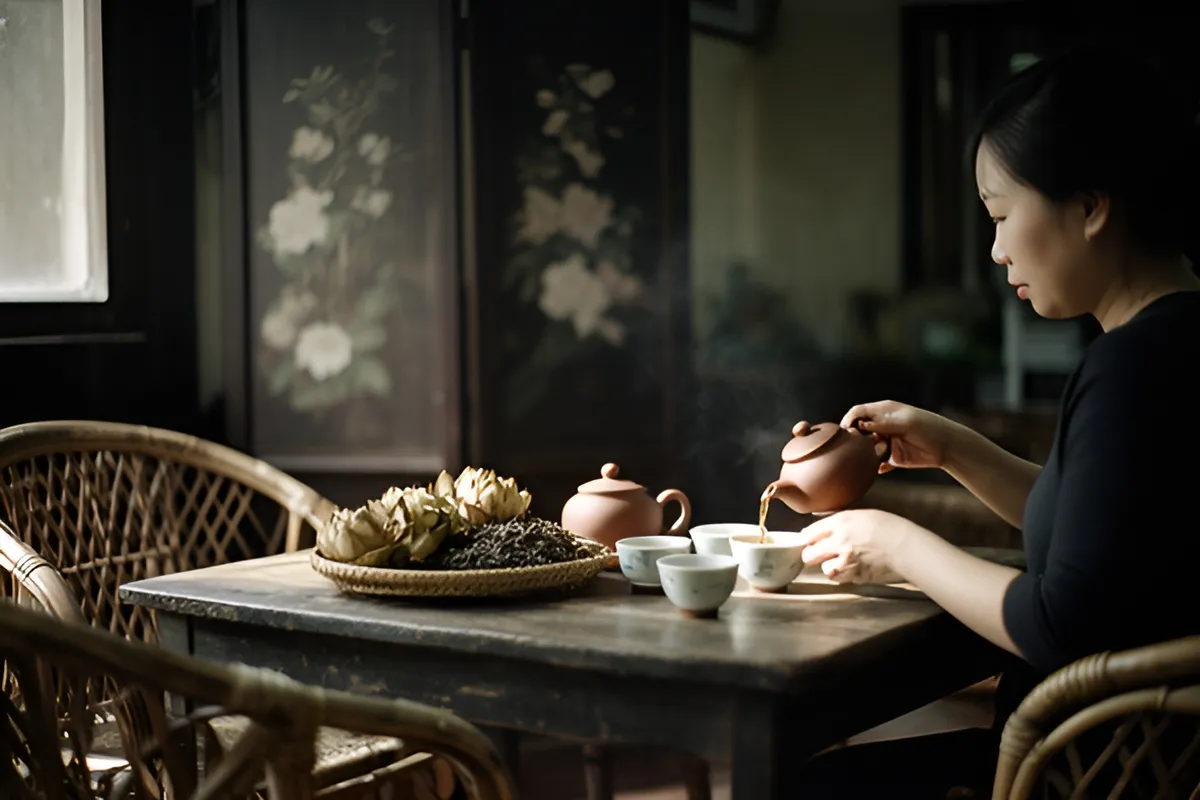 Một phụ nữ mặc áo đen ngồi bên bàn gỗ thấp, đang rót trà từ ấm đất vào chén nhỏ, trên bàn có mâm hoa khô và lá trà
