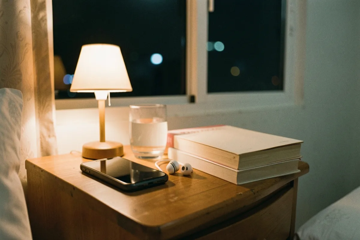 Bàn gỗ đầu giường đặt đèn bàn nhỏ, ly nước, điện thoại, tai nghe và chồng sách, ánh sáng ấm áp bên cửa sổ tối