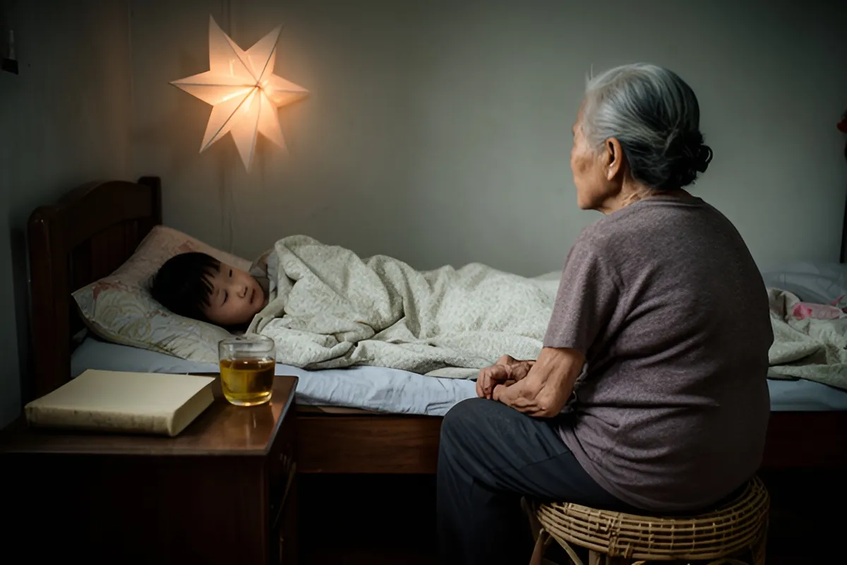 Một đứa trẻ nằm đắp chăn trên giường, một bà lão tóc bạc ngồi trên ghế thấp bên cạnh, trên tủ nhỏ có sách và cốc nước