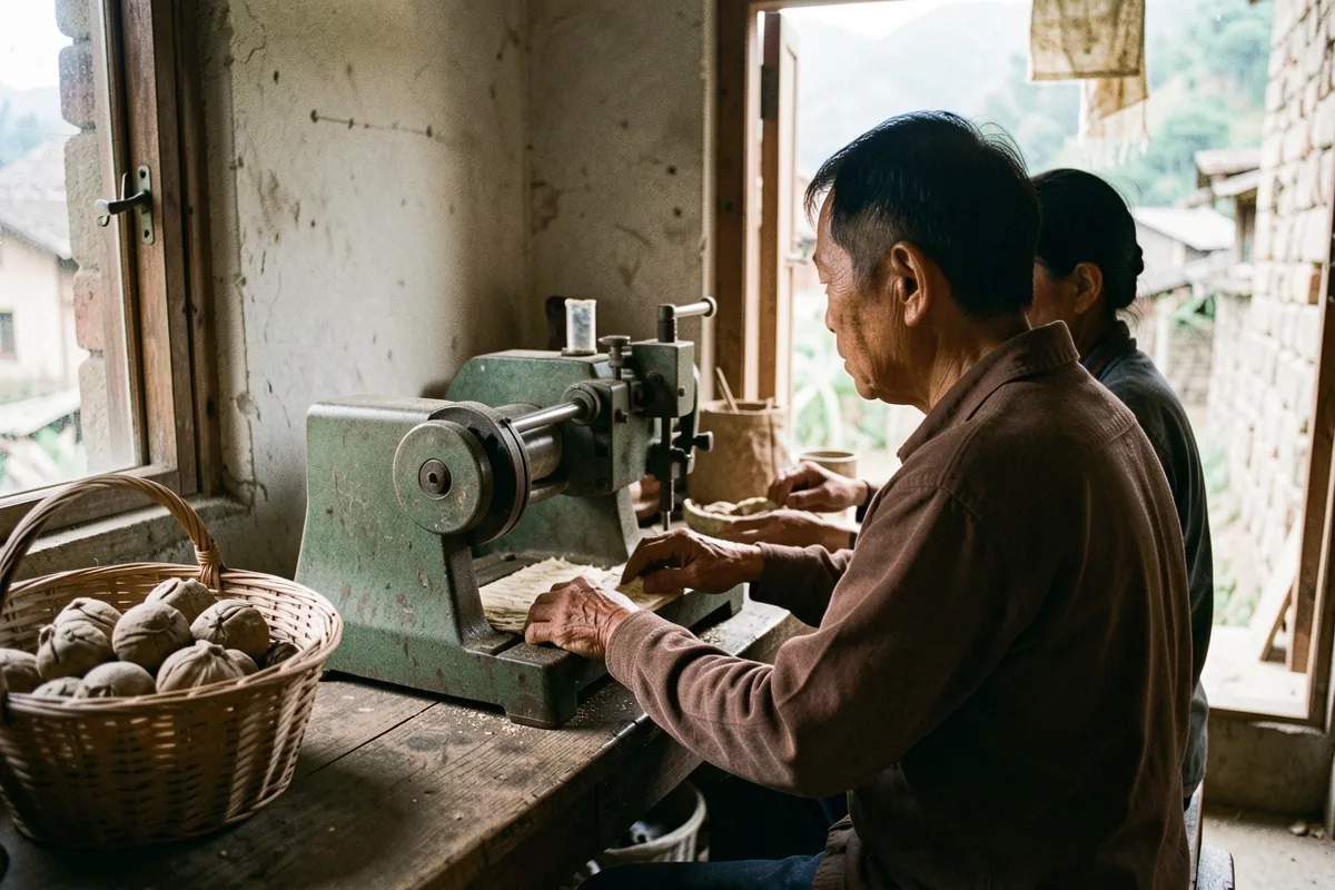 Hai người trong xưởng, một người đàn ông quay lưng cho nguyên liệu vào máy trên bàn, cạnh đó giỏ sản phẩm thô, sáng qua cửa