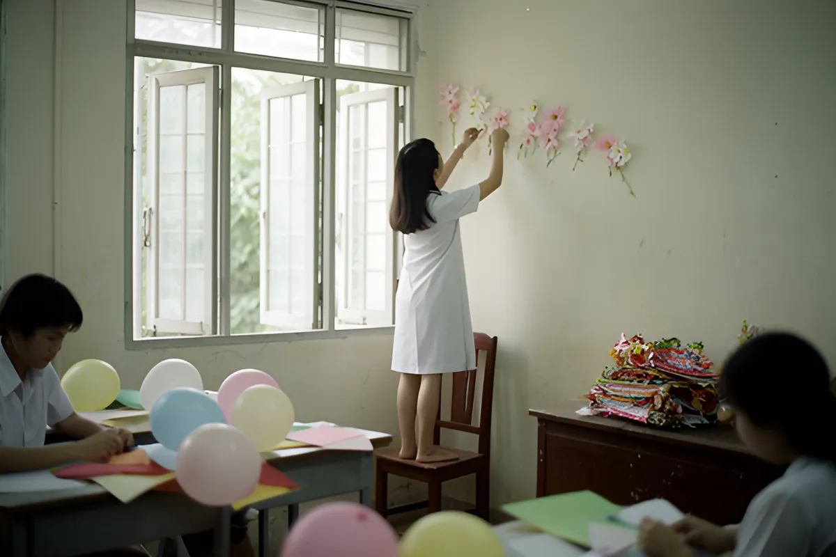 Một nữ sinh áo trắng đứng trên ghế gắn hoa giấy lên tường trên cửa sổ, hai bạn khác ngồi ở bàn với bóng bay và giấy màu